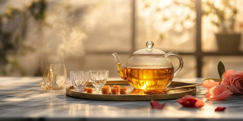 Steaming teapot and teacups ready for afternoon tea ceremony