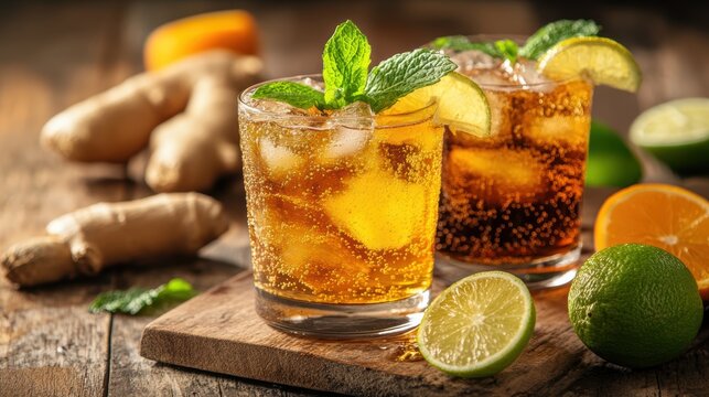 A refreshing choice between two effervescent beverages: the tart zing of ginger ale or the probiotic tang of kombucha.