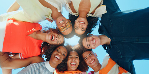 Portrait, outdoor and friends in huddle with fashion in summer for group, support or trendy style...