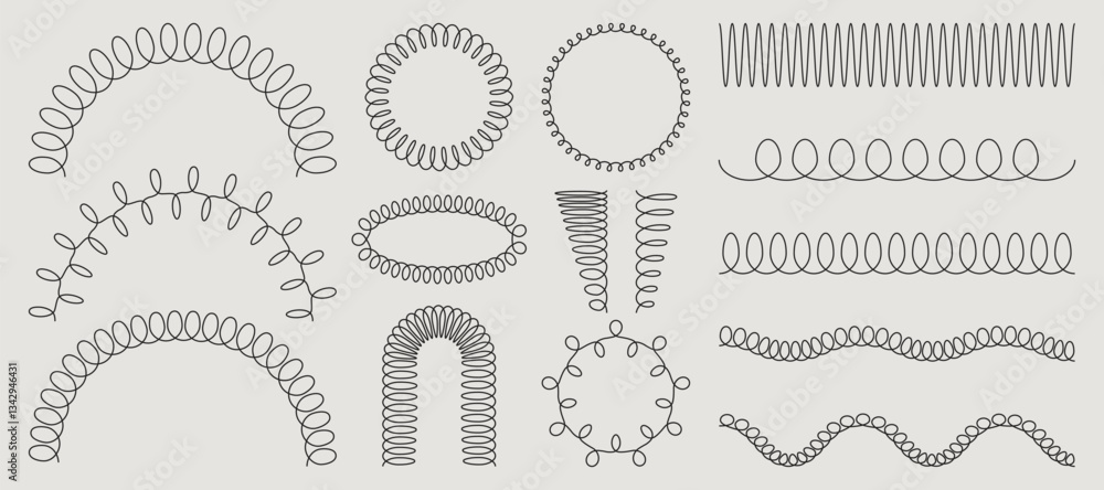Poster abstract spring coil shapes set isolated on background. vector illustration of thin spiral circle, o