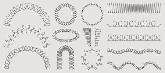 Abstract spring coil shapes set isolated on background. Vector illustration of thin spiral circle, oval loop, zigzag line, wire waves, flexible coil elements for design, doodle squiggles collection