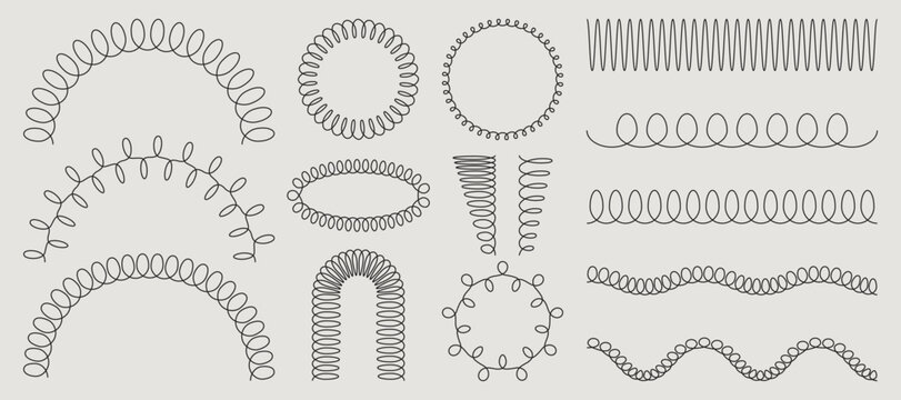 Abstract spring coil shapes set isolated on background. Vector illustration of thin spiral circle, oval loop, zigzag line, wire waves, flexible coil elements for design, doodle squiggles collection