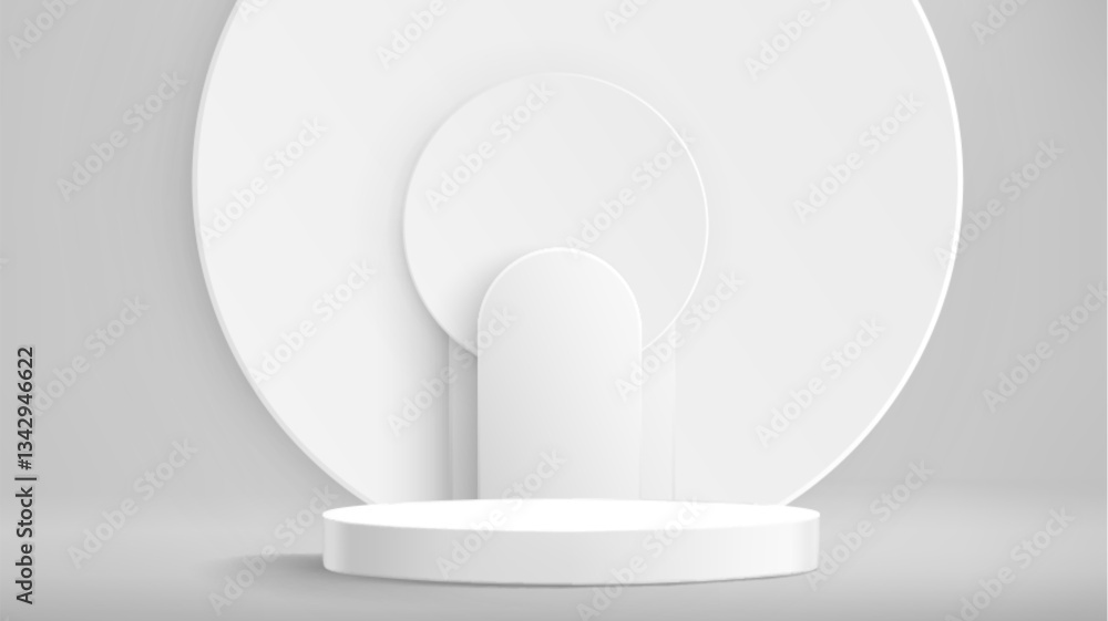 Aufkleber white cylindrical podium - round base with smooth surface, arch backdrop and simple geometric shapes