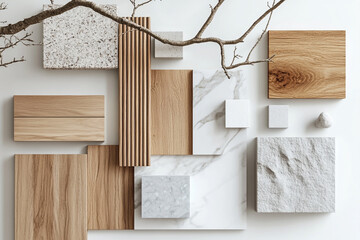 Set of material samples, interior design mood board with natural materials like wood and marble on a white background, top view