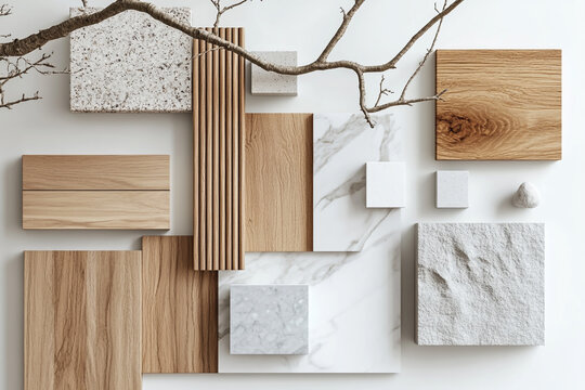 Set of material samples, interior design mood board with natural materials like wood and marble on a white background, top view