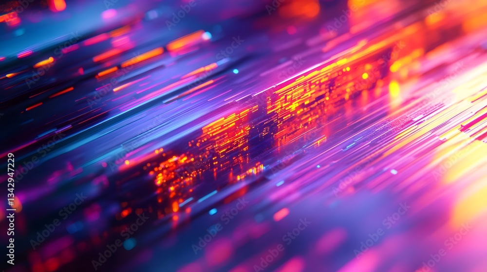 Poster abstract representation of light streaks with digital data patterns