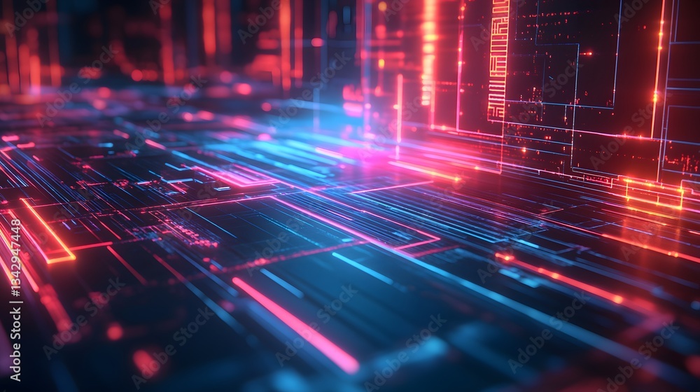 Poster glowing lines create an abstract digital interface with vibrant colors