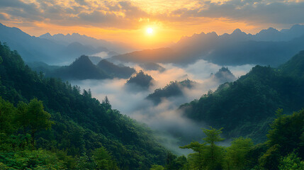 Obraz premium A breathtaking sunrise casts golden hues over a misty mountain range with soft clouds drifting through the valleys
