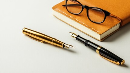 Fototapeta premium Elegant Writing Instruments and Leather Notebook