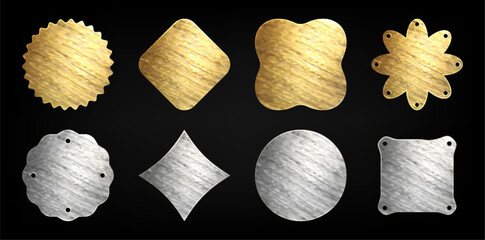 Gold and silver foil stickers set. Shiny metallic label shapes collection - round, square, starburst elements with metal texture for logo, text design. 3d realistic vector premium decorative emblems.