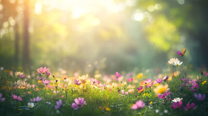 Obraz premium Lush sunlit garden with blooming flowers and soft morning light, illuminating a vibrant forest meadow filled with colorful wildflowers in magical forest, creating a sense of wonder and enchantment.