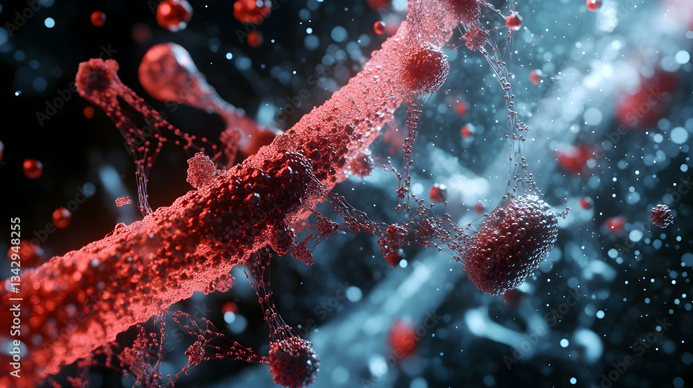 Poster detailed representation of interconnected nanostructures creating a futuristic atmosphere