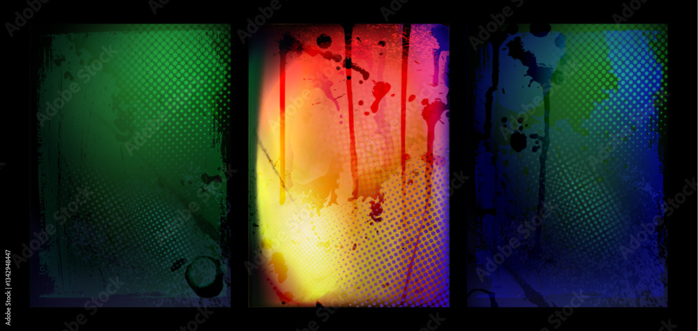 Poster punk grunge background with gradient halftone pattern and messy ink splatter overlays. neon colors a