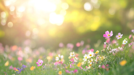 Fototapeta premium Lush sunlit garden with blooming flowers and soft morning light, illuminating a vibrant forest meadow filled with colorful wildflowers in magical forest, creating a sense of wonder and enchantment.
