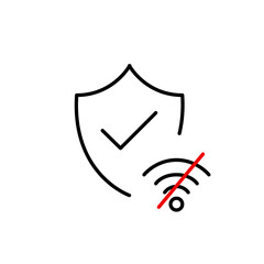 Shield and checkmark and no wi-fi symbol. No security software protection updates. Pixel perfect, editable stroke vector icon