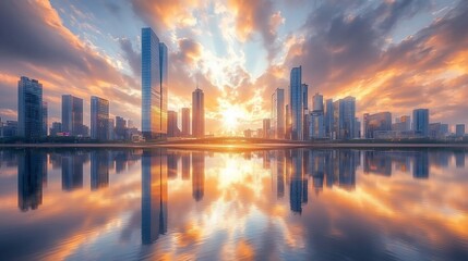 Fototapeta premium Cityscape at sunset reflected in calm water. Modern skyscrapers line a river, mirrored perfectly in the tranquil surface. Warm, golden light bathes the scene