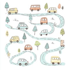 Pastel Cars on Winding Road Whimsical Illustration