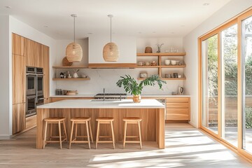 Modern kitchen design featuring wooden cabinets and island counter