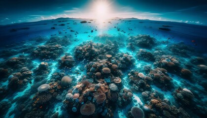 Obraz premium A vast ocean filled with diverse marine life, coral reefs, and crystal-clear blue water under the sunlight.