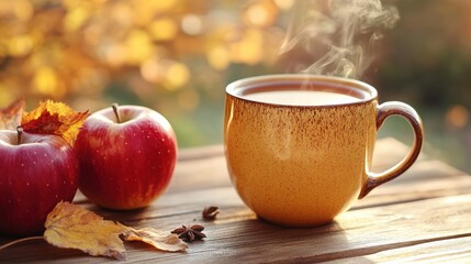 A steaming cup of apple cider, its amber liquid shimmering with cinnamon and cloves, a comforting warmth on a chilly day.
