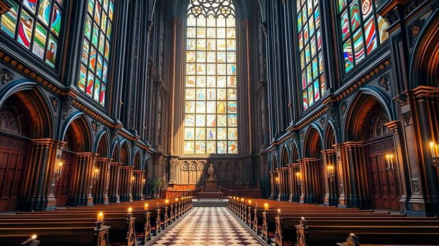 Gothic Chapel Interior with Stained Glass and Lit Candles