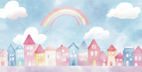 Fototapeta premium Pastel Watercolor Village Scene with Rainbow and Clouds