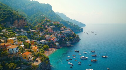 Coastal Italian town nestled in a dramatic cliffside landscape. Colorful buildings, lush vegetation, and a calm turquoise sea are prominent features of the picturesque scene