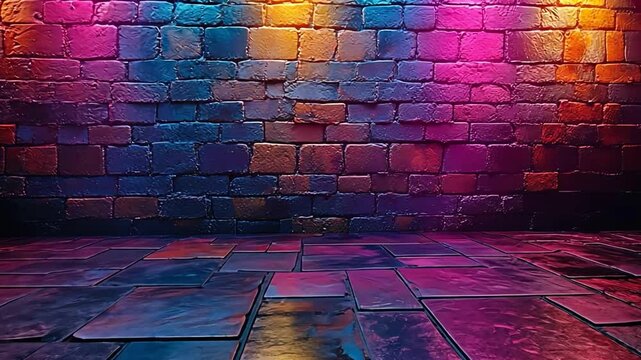 Vibrant illuminated brick wall with colorful lighting creates lively atmosphere, perfect for events and photography.