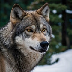 Fototapeta premium Close-Up of Northwestern Wolf with Yellow Eyes, Snow-Capped Mountains Behind