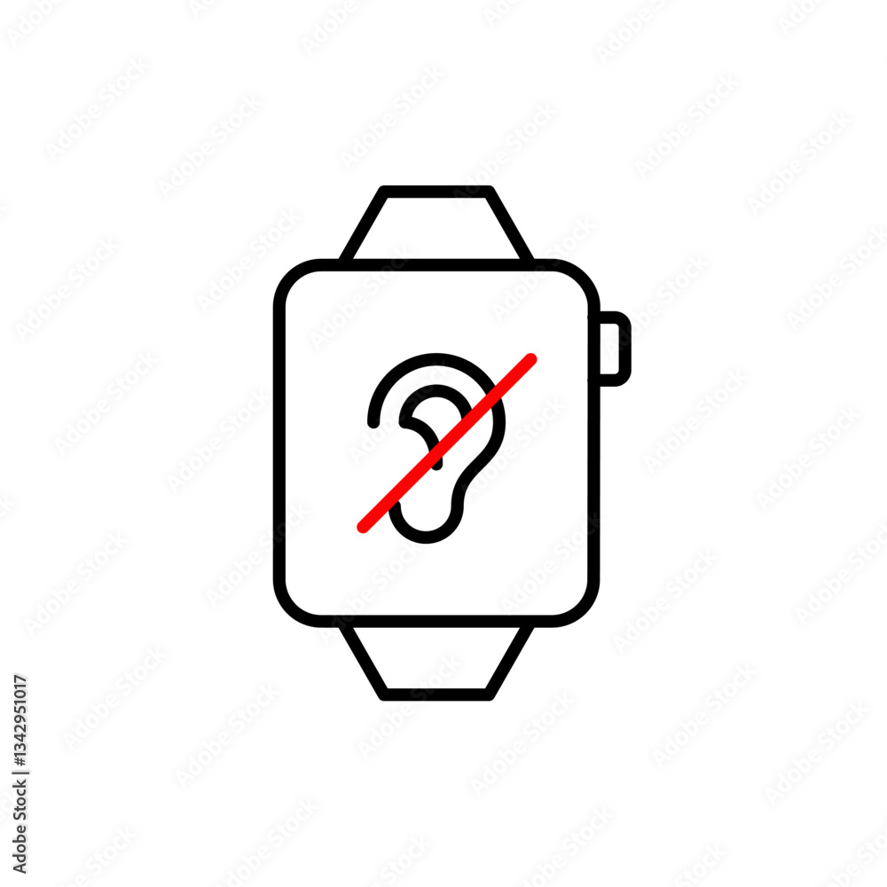 Poster smart watch with a crossed-out ear, website with no sound or muted audio content. silent user mode, 