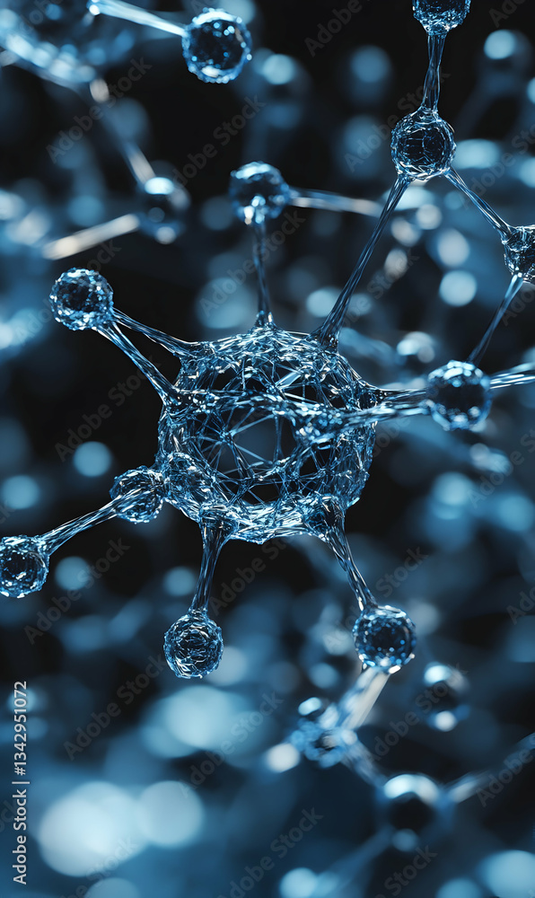 Poster detailed close-up of transparent nano particles interconnected with a complex network structure