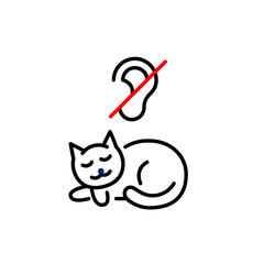 Sleeping cat and crossed ear symbol. Quiet mode, silent appliances operation. Do not disturb relax and rest area. Pixel perfect, editable stroke vector icon