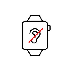 Smart watch with a crossed-out ear, website with no sound or muted audio content. Silent user mode, no voice commands. Pixel perfect, editable stroke vector icon