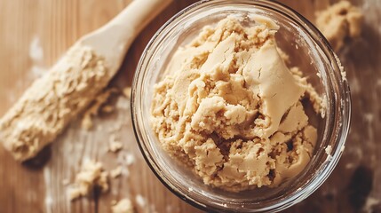 A serving of cookie dough on a wooden table