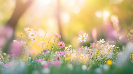 Lush sunlit garden with blooming flowers and soft morning light, illuminating a vibrant forest meadow filled with colorful wildflowers in magical forest, creating a sense of wonder and enchantment.
