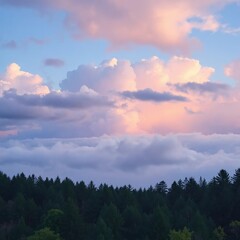 Fototapeta premium Clouds in shades of blue and purple float above a peaceful forest, nature, clouds, peaceful