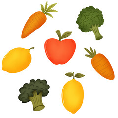Seamless Cute Pattern with Apples, Broccoli, Lemons, and Carrots