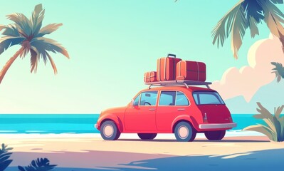 Red Car on Tropical Beach Pixel Art Vacation Scene