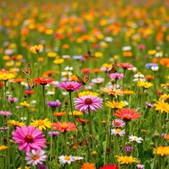 Fototapeta premium Colorful flowers in a field with butterflies fluttering around, field, wildflowers, summer