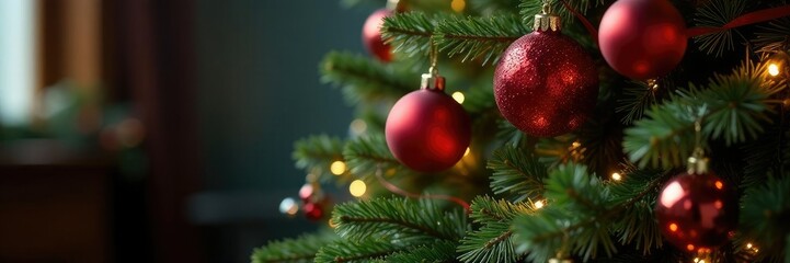 Decorated Christmas tree with ornaments and lights,, garland, ornaments