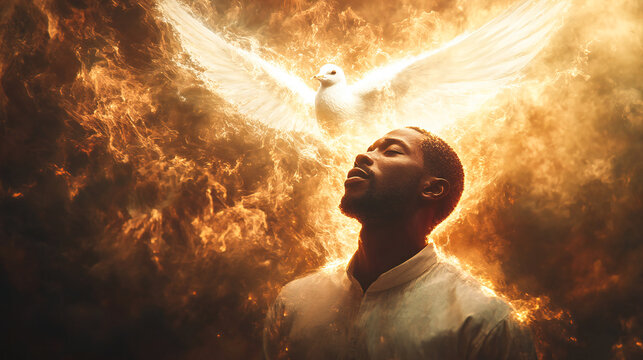 Pentecost concept art. Glowing white dove of the holy spirit descending upon a African American man. Man on his knees receiving the holy ghost symbolized by a white glowing dove of fire - Powered by Adobe