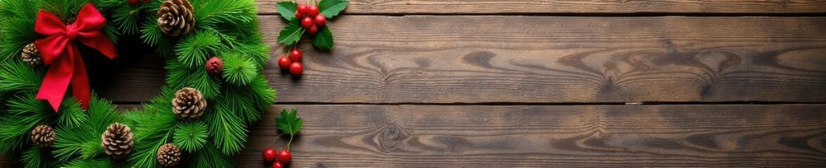 Decorative evergreen wreath featuring red berries and pinecones on a rustic wooden backdrop, natural, decorations