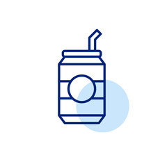 Soda can and straw. Soft fizzy drinks and refreshments. Restaurant menu, fast food sugary beverages. Pixel perfect, editable stroke vector icon