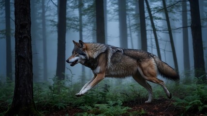 Obraz premium Northwestern Wolf Running Through Foggy Forest at Twilight