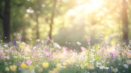 Fototapeta premium Lush sunlit garden with blooming flowers and soft morning light, illuminating a vibrant forest meadow filled with colorful wildflowers in magical forest, creating a sense of wonder and enchantment.
