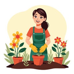 Cheerful gardener planting flowers in pots, nurturing growth