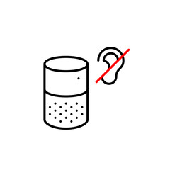 Smart speaker and ear crossed out. Privacy mode, no eavesdropping. Voice commands disabled, hearing-impaired accessibility mode. Pixel perfect, editable stroke vector icon