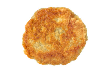 One homemade potato pancake isolated on a white background. A close-up of the pancake.
