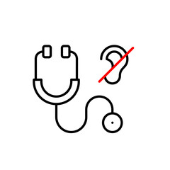 Stethoscope and ear crossed symbol. Quiet medical environment or a non-verbal consultation method. Health services designed for deaf or hard-of-hearing patients, such as sign language communication. P