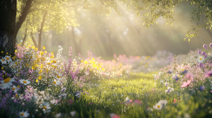 Obraz premium Lush sunlit garden with blooming flowers and soft morning light, illuminating a vibrant forest meadow filled with colorful wildflowers in magical forest, creating a sense of wonder and enchantment.